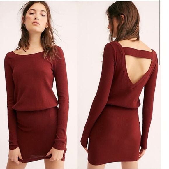 Free People Dresses & Skirts - Free People FB Beach On The Rooftop Mini Dress Ribbed Long Sleeve Burgundy‎ Med